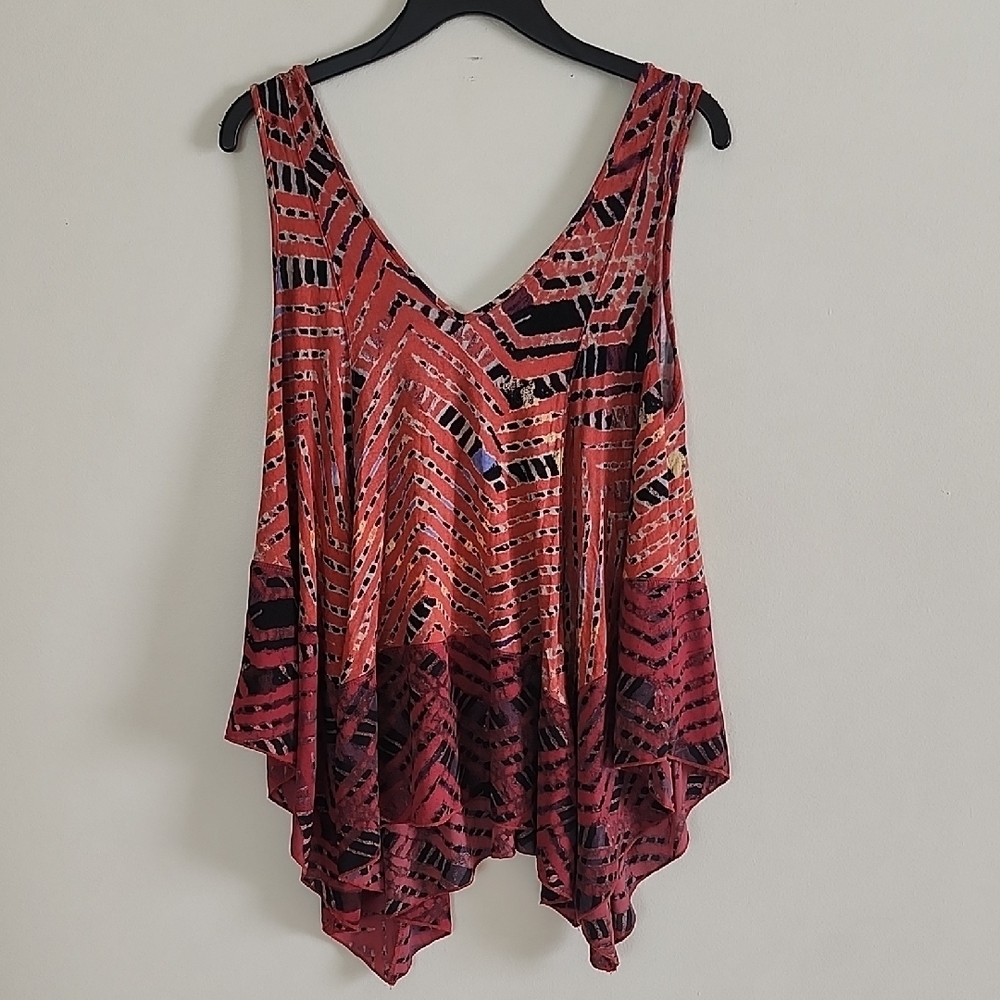 Free People Day Dreamer Patterned Flowy Boho Tank Top Oversized Asymetrical Hem